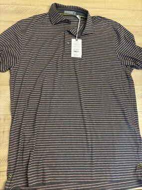 Tasc Men's Striped Polo Shirt - gray with Pink Stripes